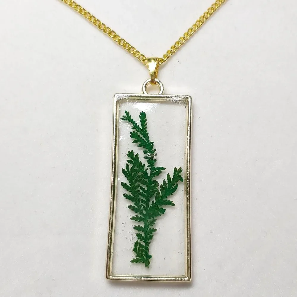 Necklace Gold Tone Rectangle w/ Dried Leaves